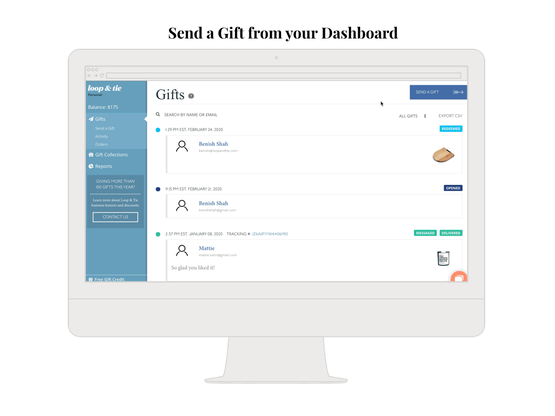 send gift from dashboard